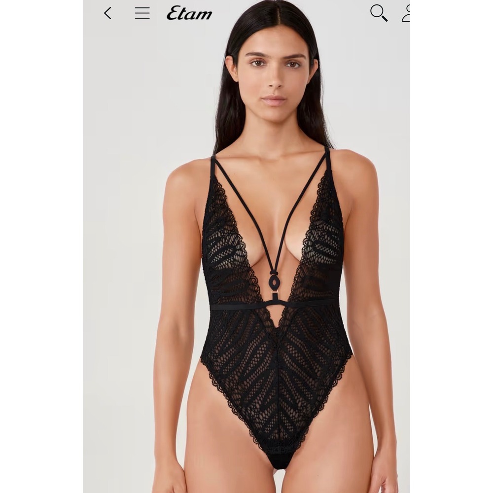 Etam Black Lace Bodysuit Strappy Plunge Thong Lingerie Nordstrom Size L NEW